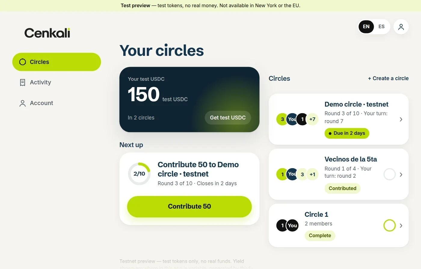 The Your circles dashboard in the testnet preview