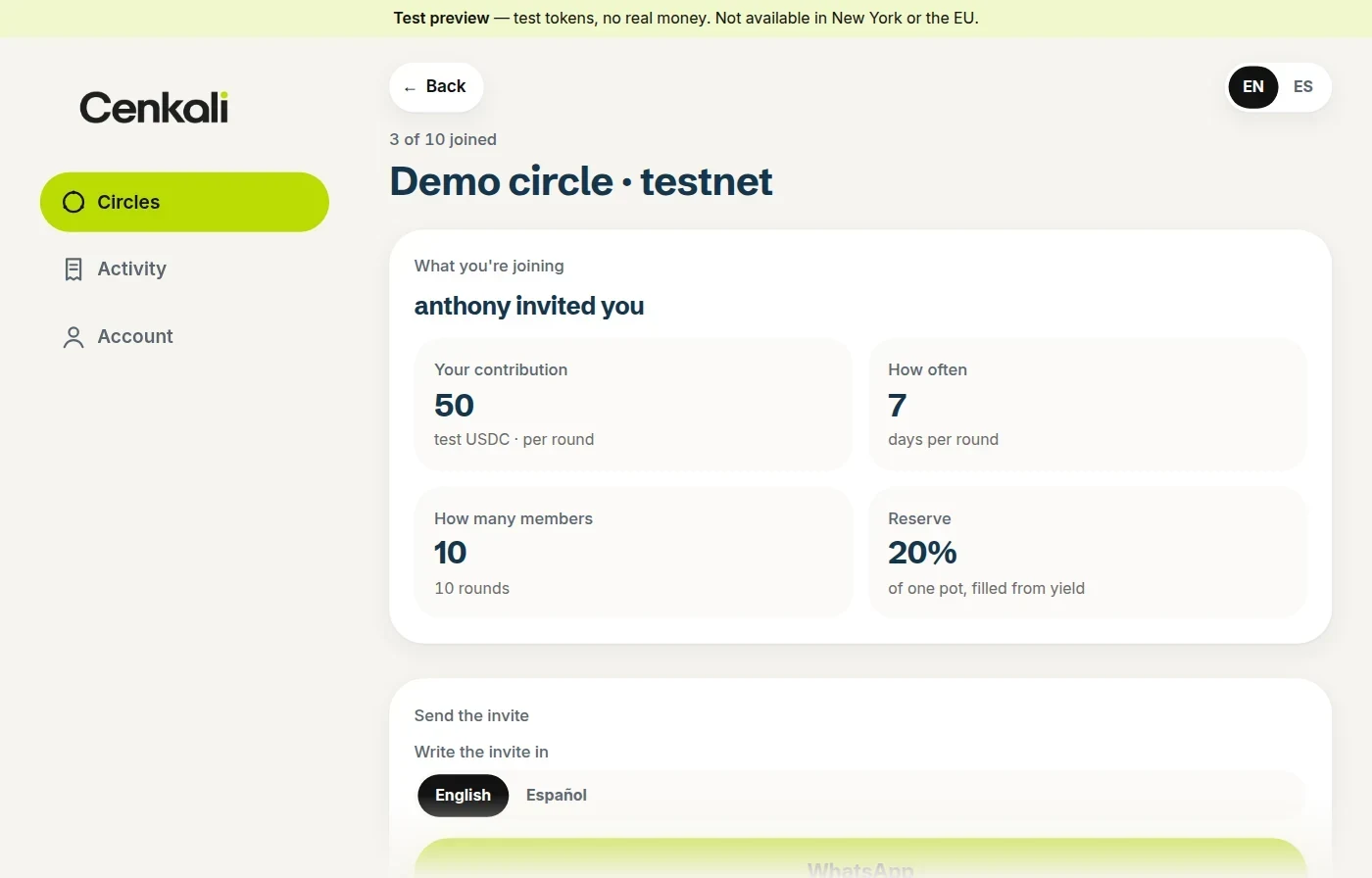 An invite screen showing what a new member is joining