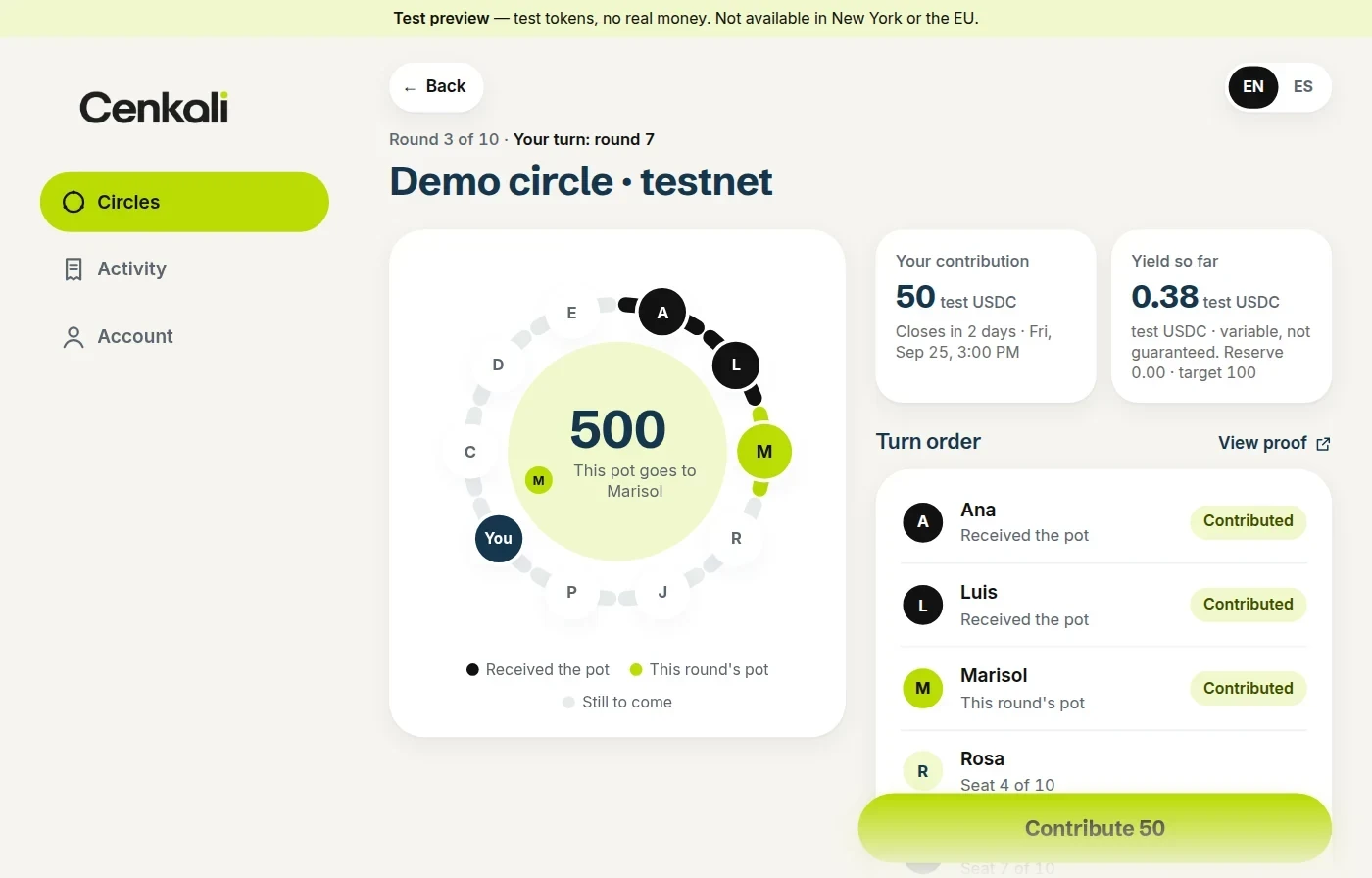 Cenkali testnet preview: a demo circle in round 3 of 10 with a 500 test USDC pot