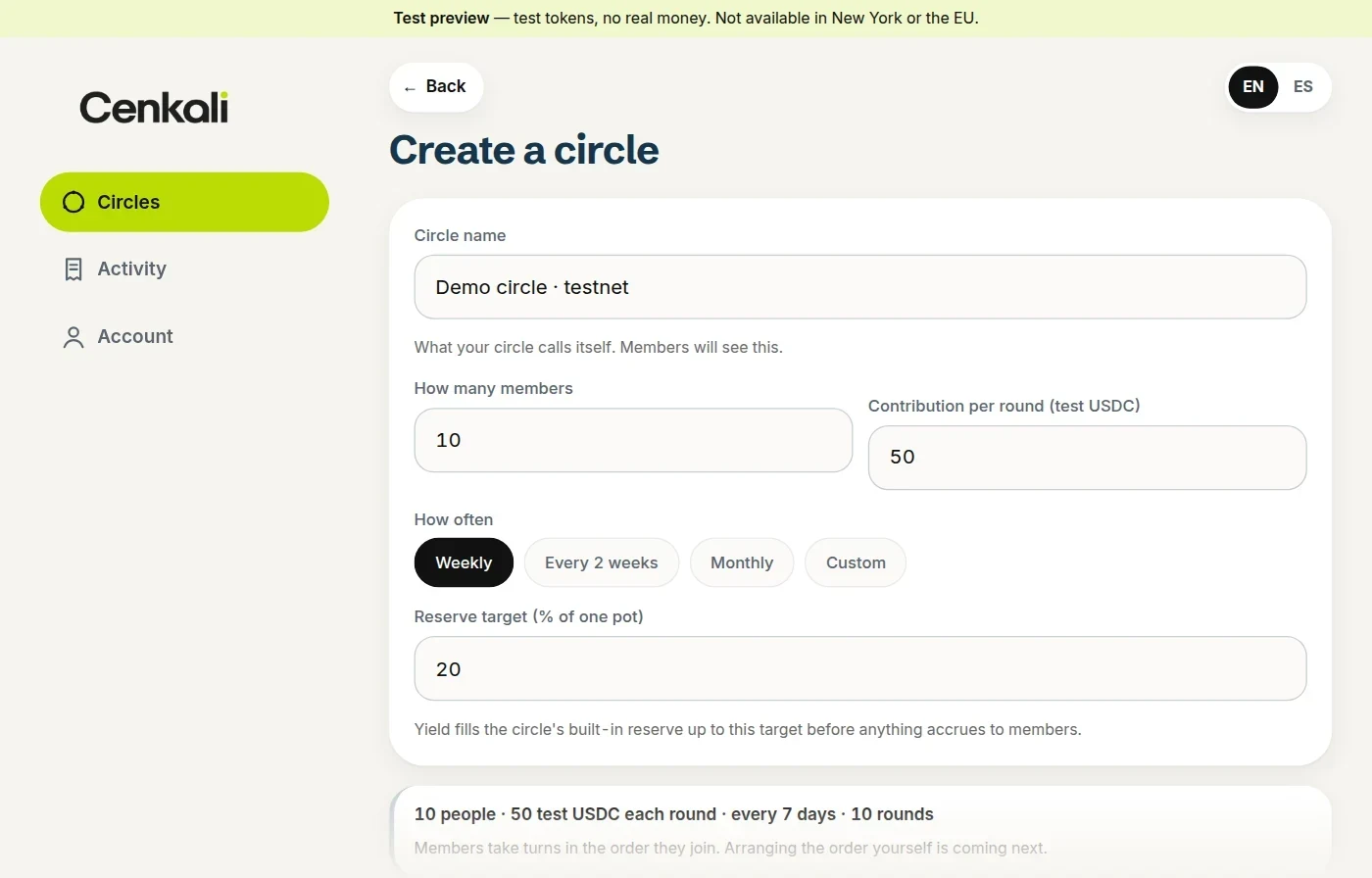 The Create a circle screen in the testnet preview